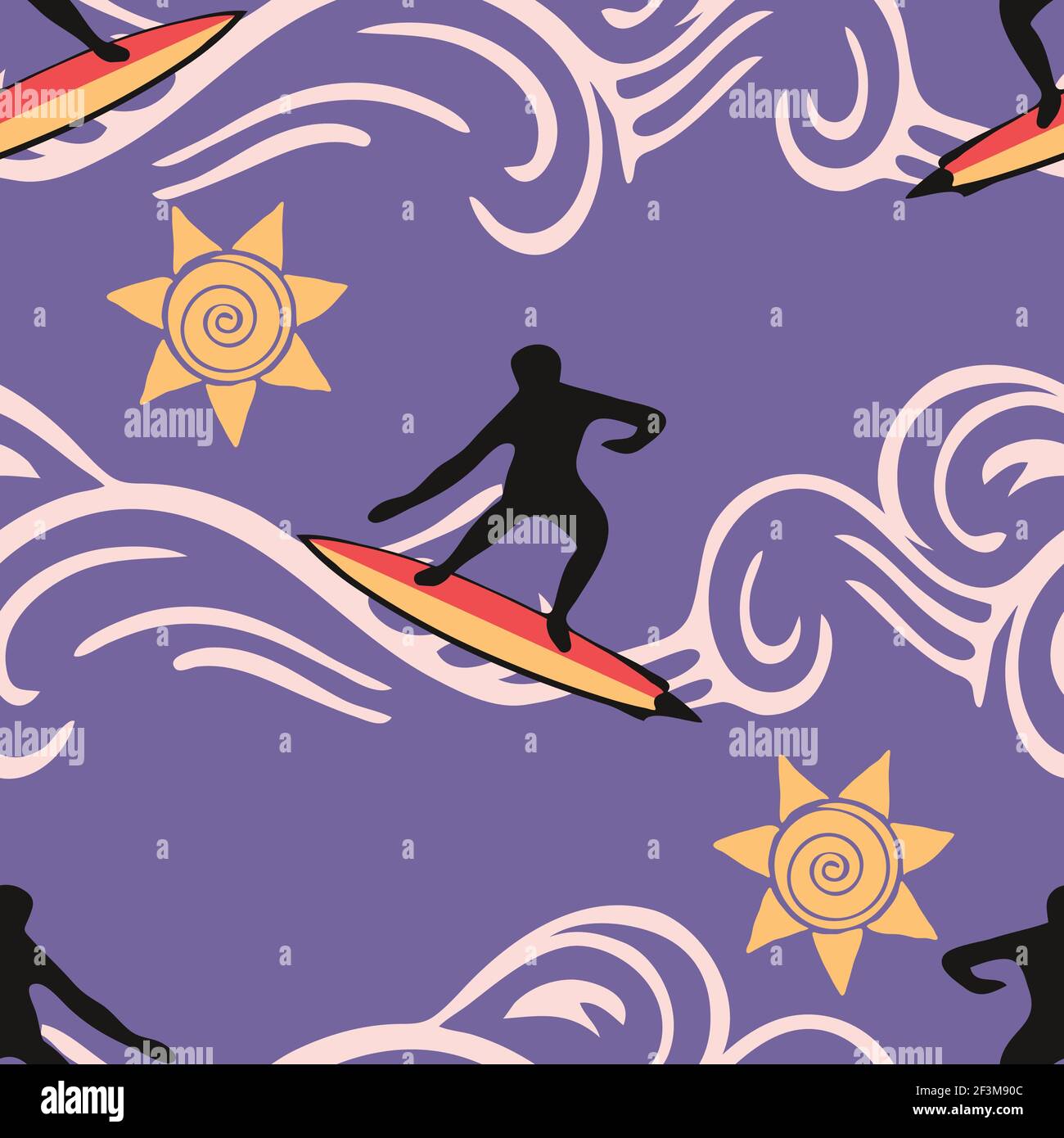 Nahtloses Vektor-Muster mit Surfer Silhouette auf lila Hintergrund. Sommer Sport Tapete Design. Happy Lifestyle Mode Textil. Stock Vektor