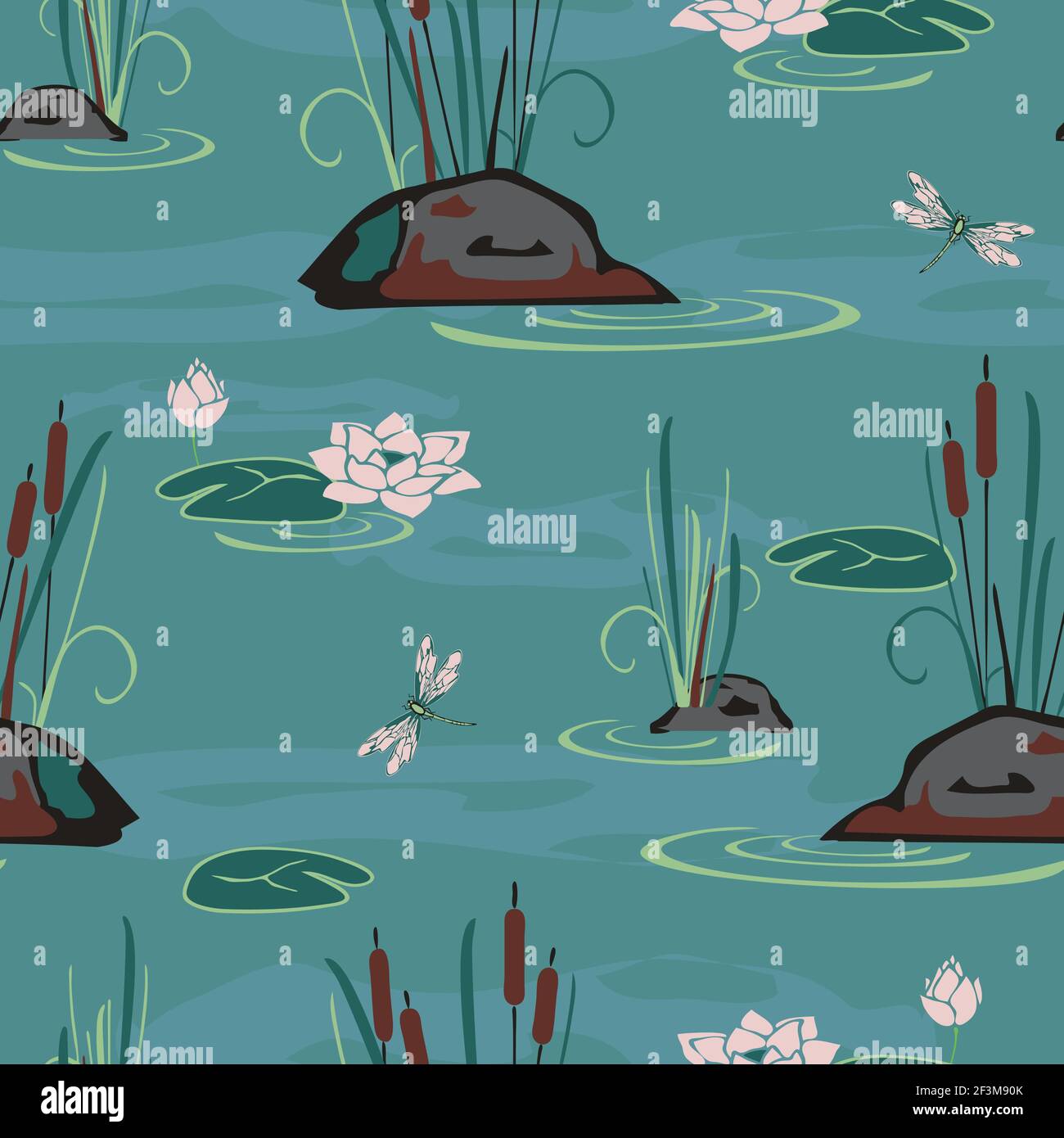 Nahtloses Vektor-Muster mit Seerosen und Felsen auf blauem Hintergrund. Ruhige See Tapete Design mit Libelle. Zen Wasser Mode Textil. Stock Vektor