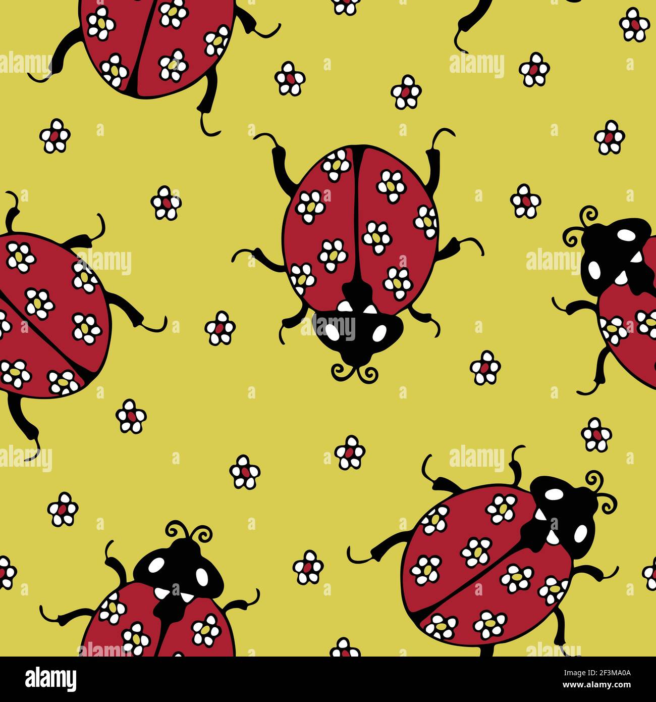 Nahtloses Vektor-Muster mit Marienkäfer und Blumen auf gelbem Hintergrund. Schlichtes Sommer-Tapetendesign mit Marienkäfer. Stock Vektor