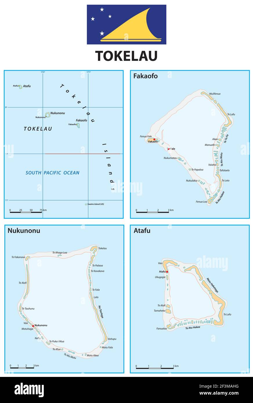 vektor-Karte von südpazifik-Inseln von Tokelau mit Flagge Stock Vektor