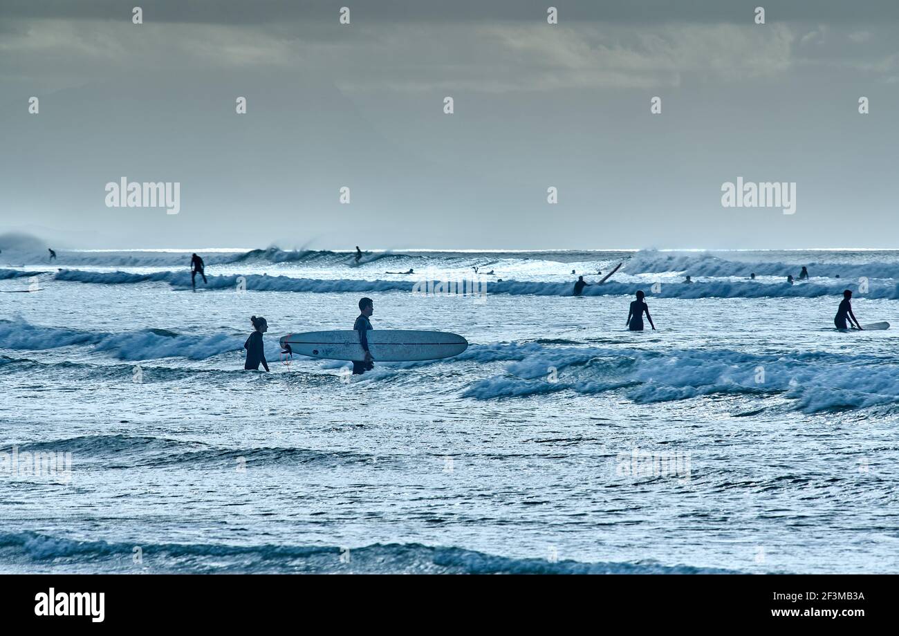 Surfer in Shorebreak am Surfer's Corner, Muizenberg, Kapstadt Stockfoto