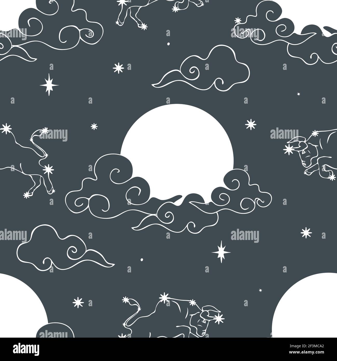 Nahtloses Vektor-Muster mit weißem Mond und Wolken auf grauem Hintergrund. Einfaches Zodiac Taurus Tapetendesign. Astronomische Himmel Mode Textil. Stock Vektor