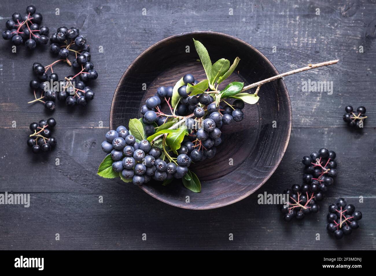 Frisch gepflückte hausgemachte Aronia-Beeren in Holzschüssel Stockfoto