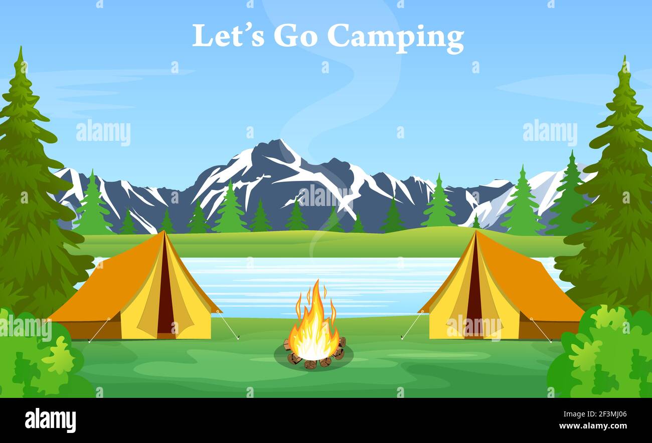 Plakat zeigt Campingplatz mit Lagerfeuer Stock Vektor