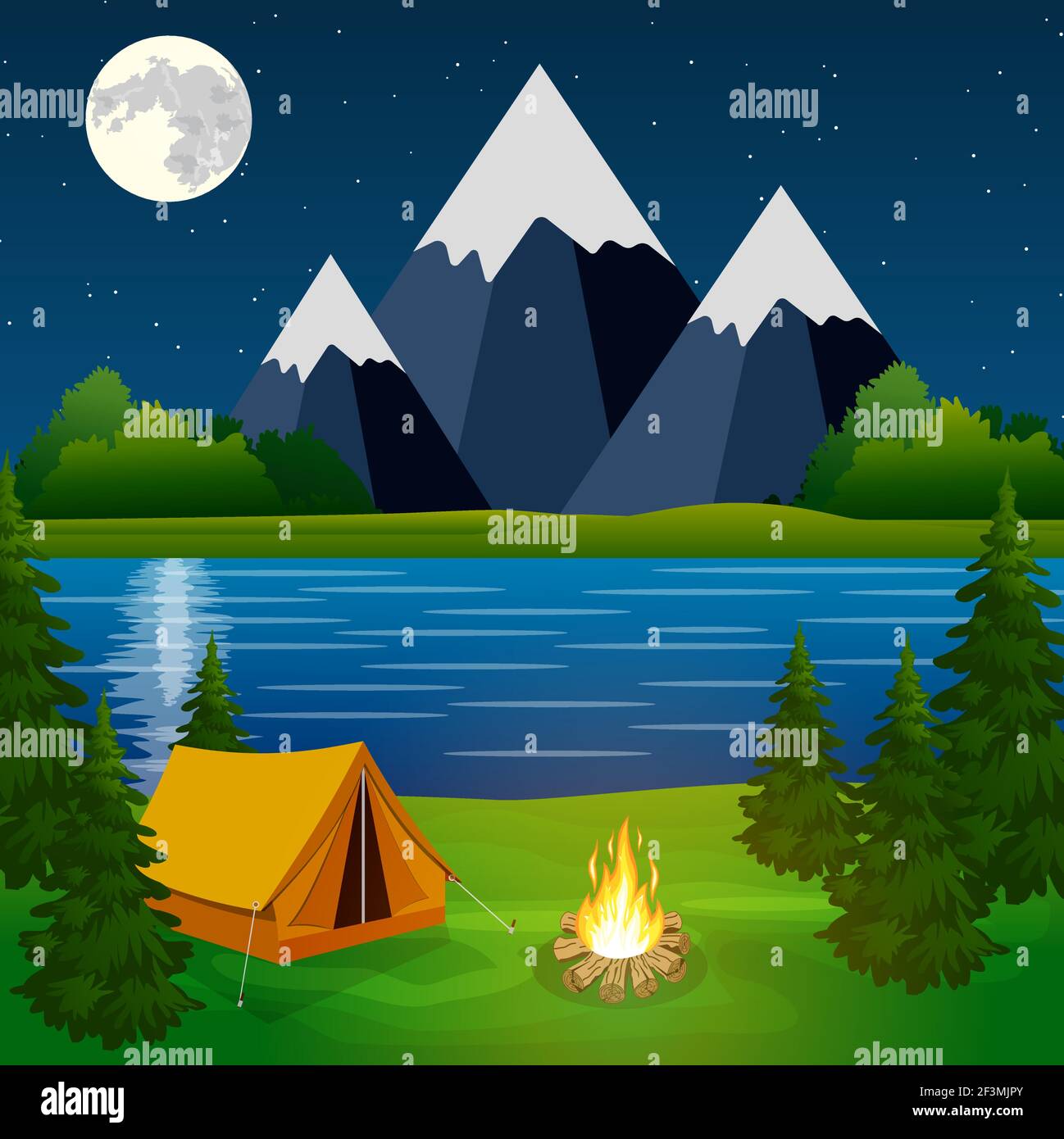 Plakat zeigt Campingplatz mit Lagerfeuer Stock Vektor