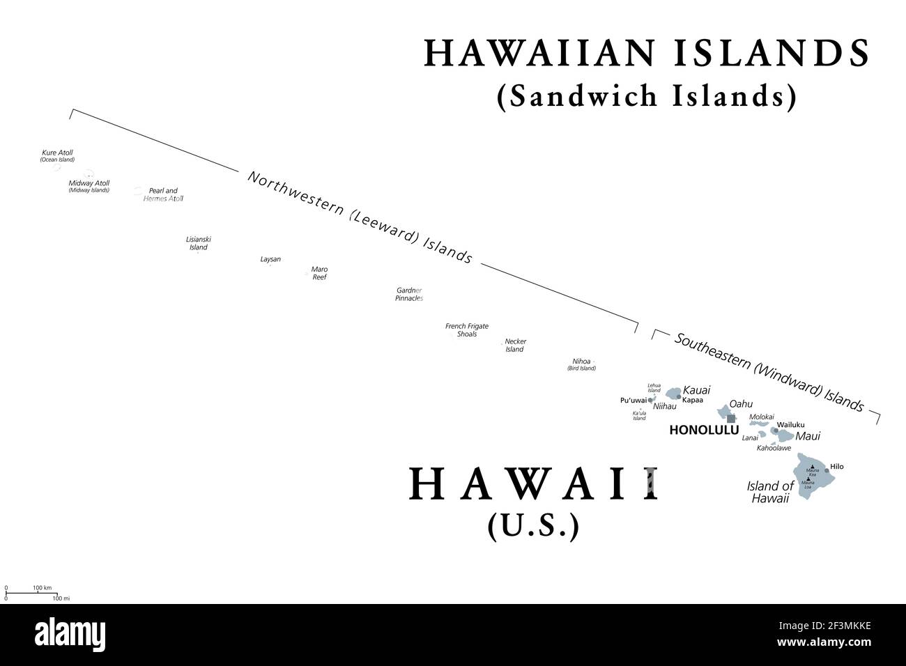 Hawaiianische Inseln, Sandwichinseln, graue politische Landkarte. US-Bundesstaat Hawaii mit der Hauptstadt Honolulu und uneingebundenen Gebiet Midway Atoll. Stockfoto