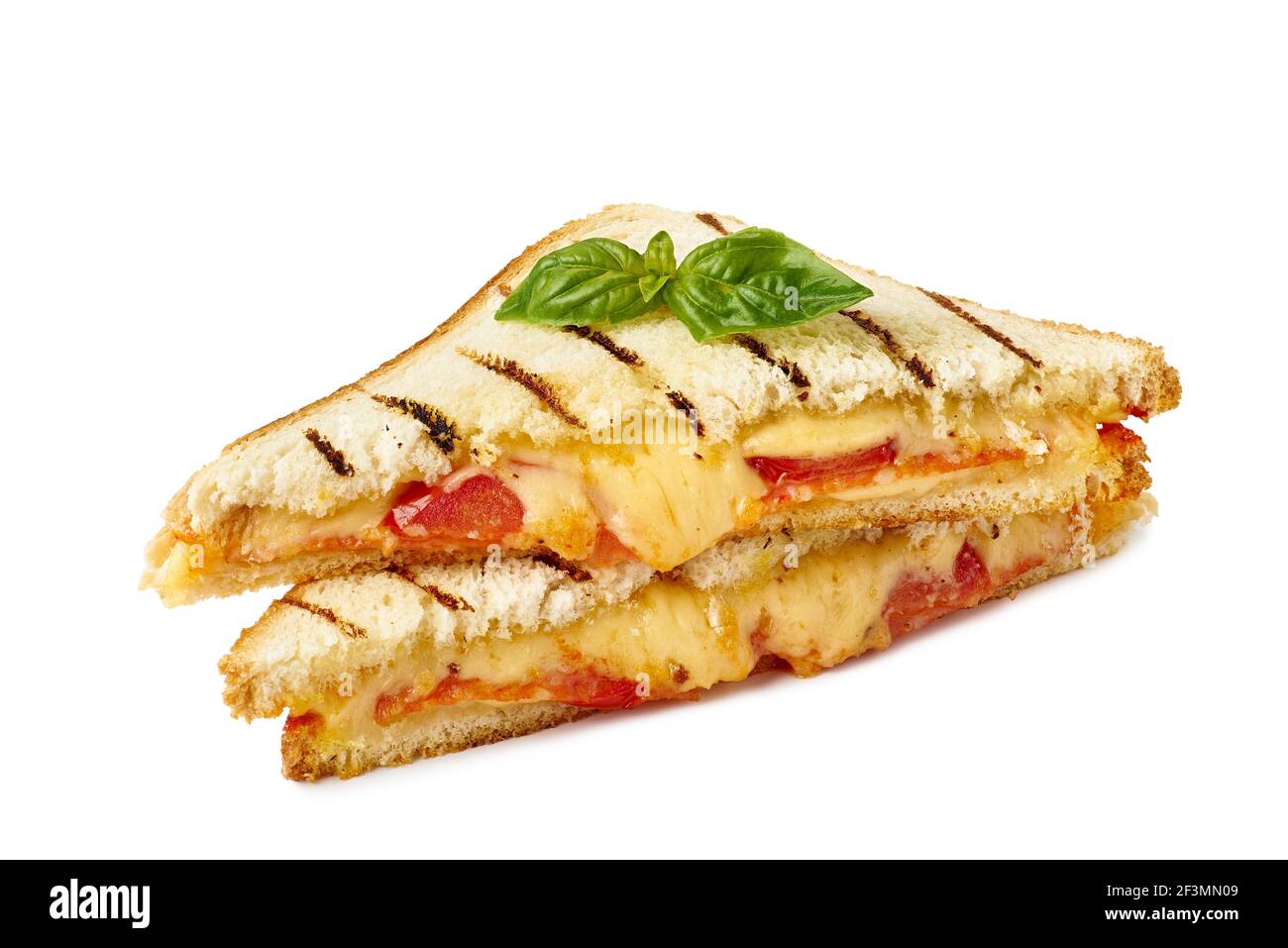 Heißes Sandwich mit geschmolzenem Käse auf Weiß Stockfoto