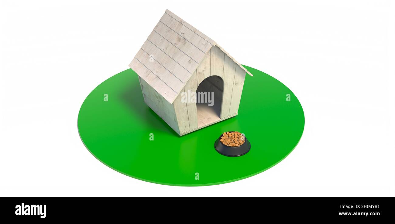 Hundehütte und Schale mit Trockenfutter auf grünem Kreis isoliert auf weißem Hintergrund, realistisches Element. Holztierhaus und Kibbles, gesunde Pflege für kleine Stockfoto