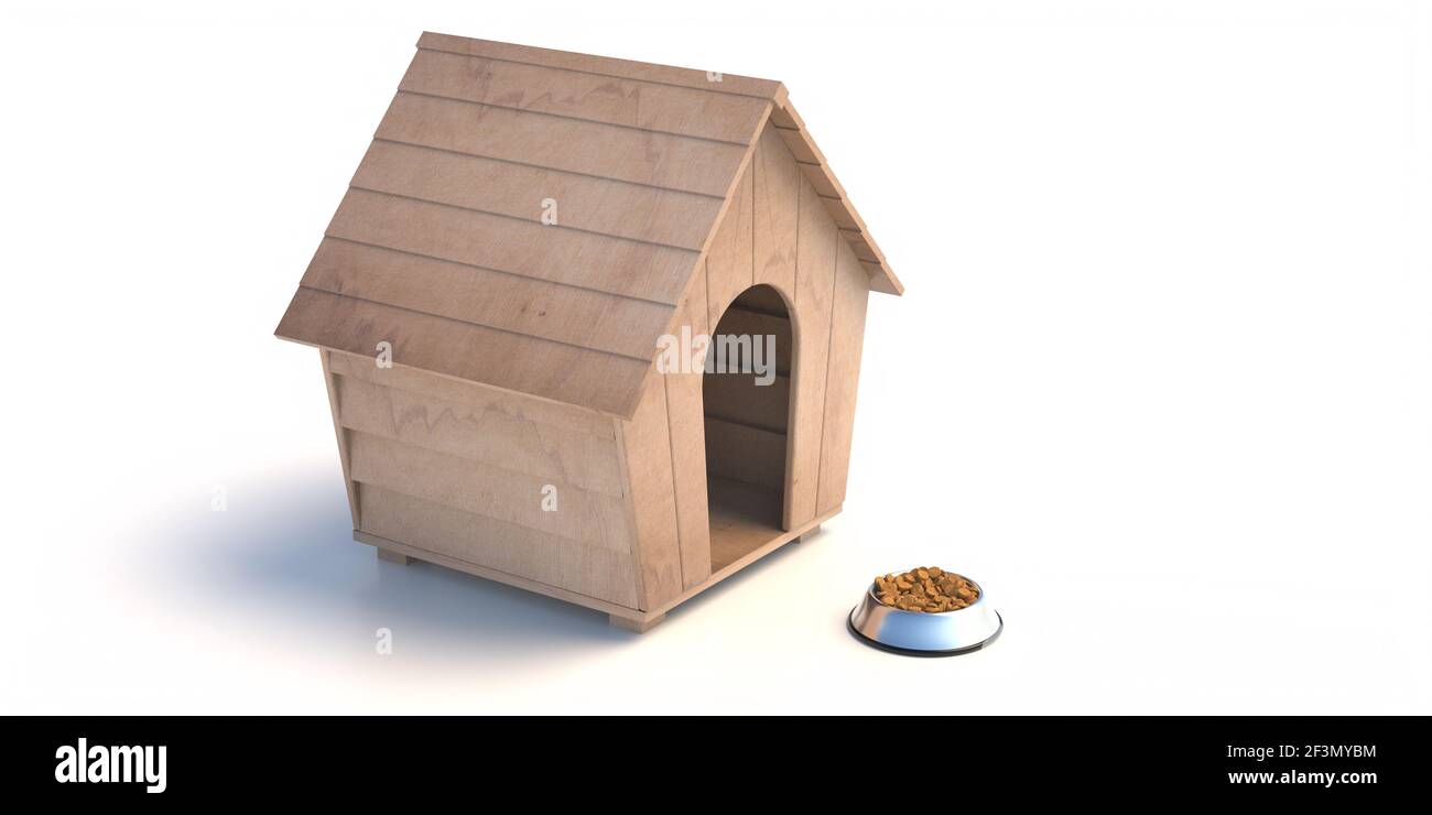 Hundehütte und Schüssel mit trockenem Futter isoliert auf weißem Hintergrund. Tierheim und Kibbles aus Holz, gesunde Pflege für kleine Haustiere, 3D Illustration Stockfoto