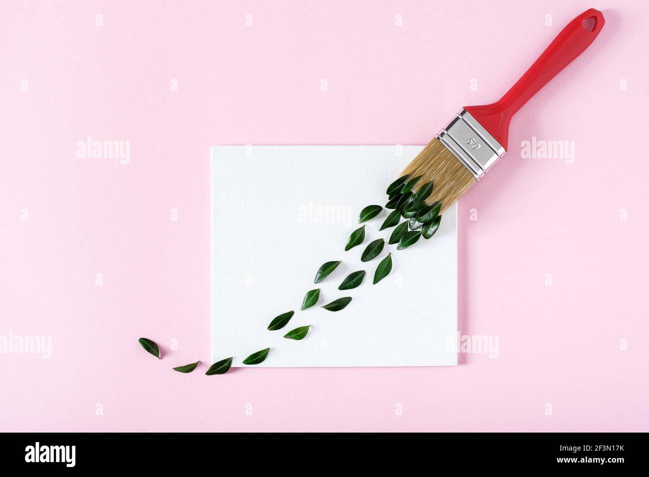 Pinselstrich von grünen Blättern und Pinsel auf pastellrosa Hintergrund Stockfoto