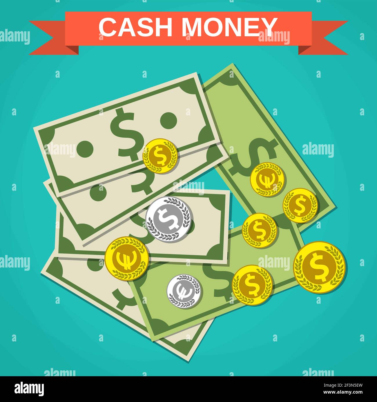 Cartoon Geld Bargeld, grüne Dollar und Münzen Stock Vektor
