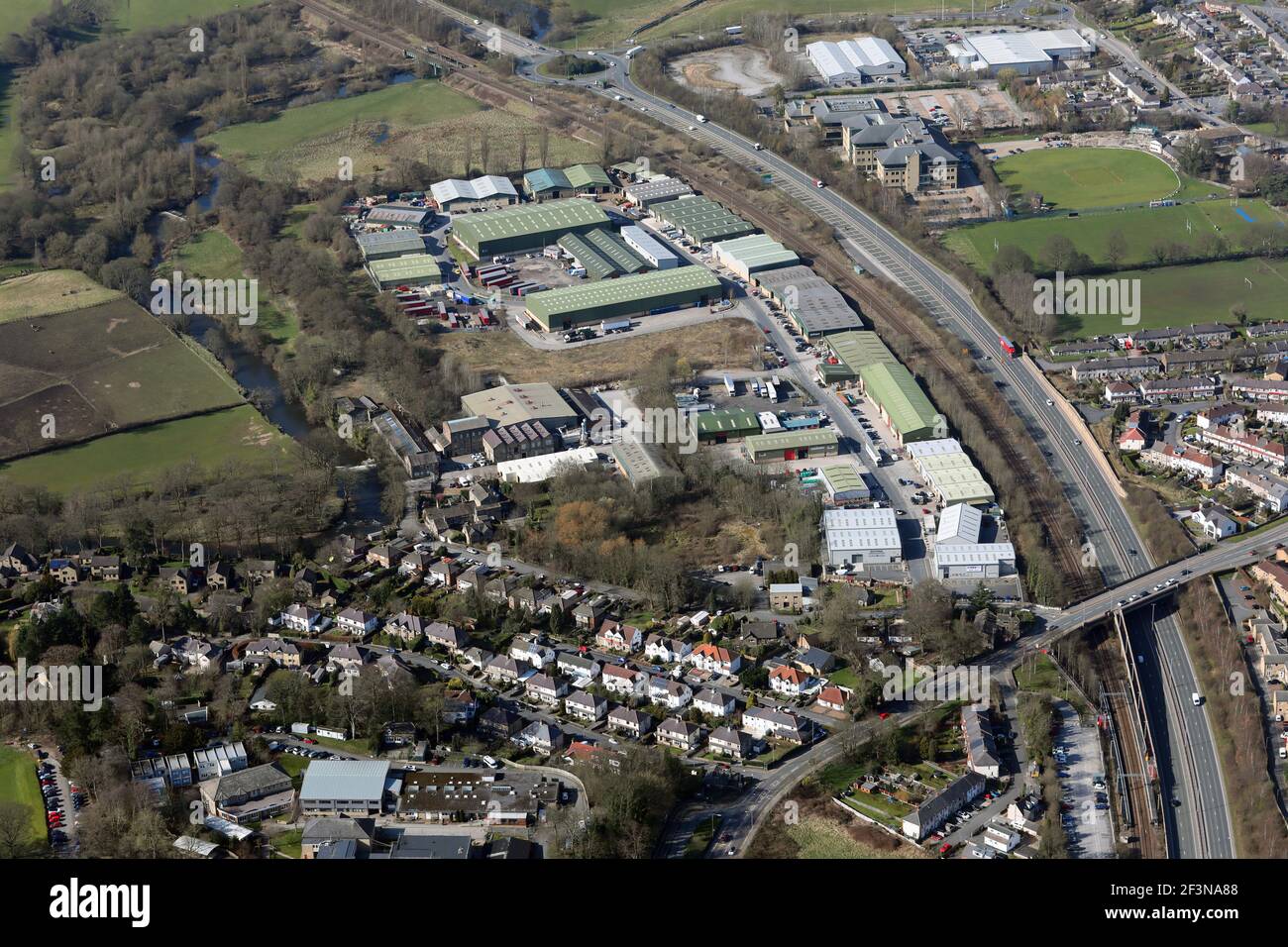Luftaufnahme des Castlefield Industrial Estate in der Nähe von Bingley, West Yorkshire Stockfoto