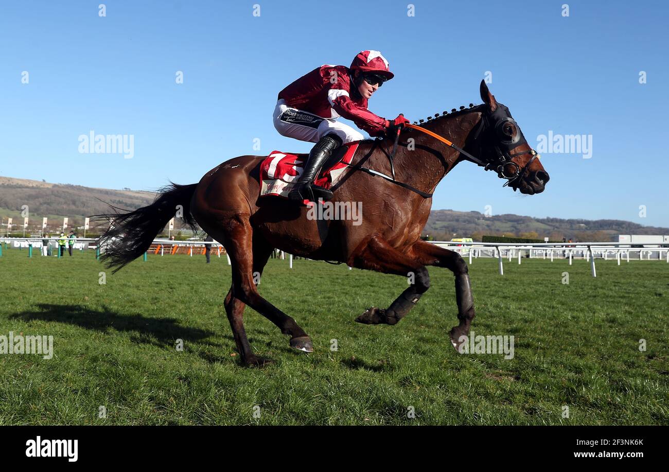 Tiger Roll und Jockey Keith Donoghue auf dem Weg zum Gewinn der Glenfarcras Chase (A Cross Country Chase) während des zweiten Tages des Cheltenham Festivals auf der Cheltenham Rennbahn. Bilddatum: Mittwoch, 17. März 2021. Stockfoto