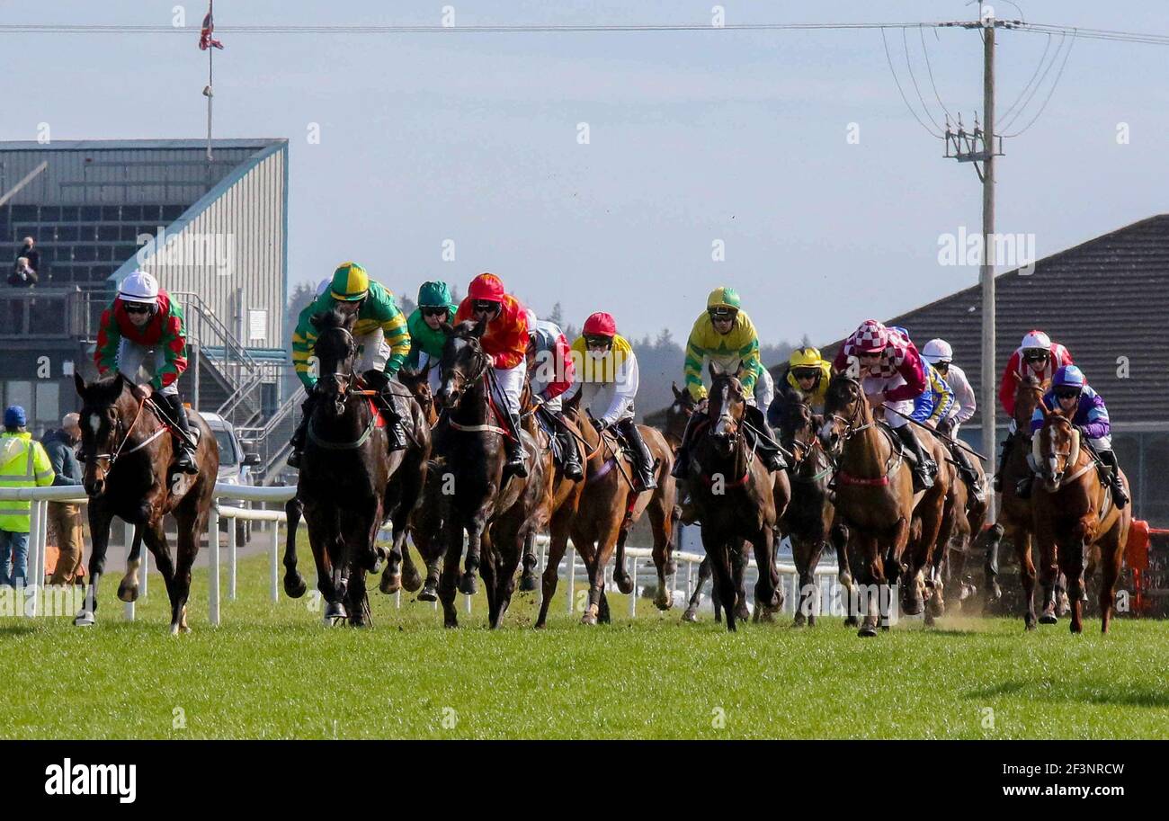 Down Royal, Lisburn, County Antrim, Nordirland. März 2021, 17. St. Patrick's Day Race Meeting - Bluegrasshorsefeed.com Maiden Hürde - Rennen gewonnen von Homme D'un Soir (Nummer 2 von Denis O'Reagan, solide grüne Kappe Mitte links). Kredit: CAZIMB/Alamy Live Nachrichten. Stockfoto