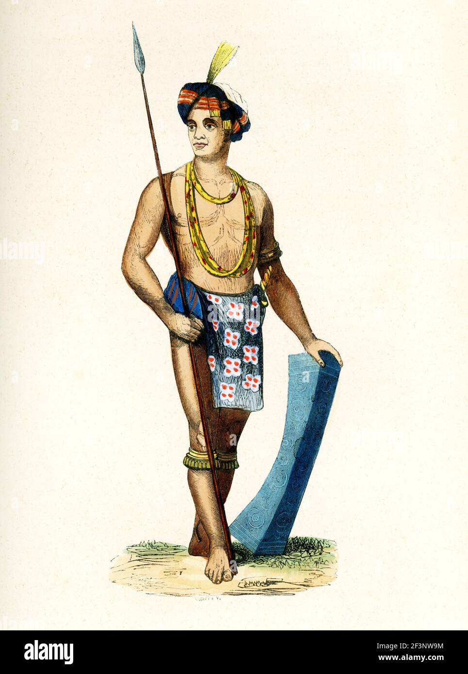Diese Abbildung aus dem Jahr 1840s zeigt einen Mann mit seinen Waffen aus Tondano auf Sulawesi, einer der Inseln in der Celebes See, Teil der Großsundainseln in Indonesien. Stockfoto