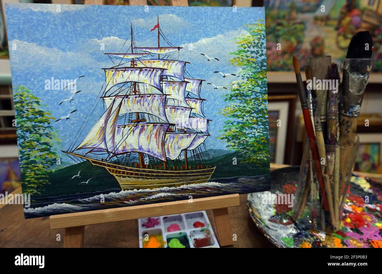 Original Ölgemälde auf Segeltuch, Schiff und Schrottboot, Palette, Pinsel Stockfoto