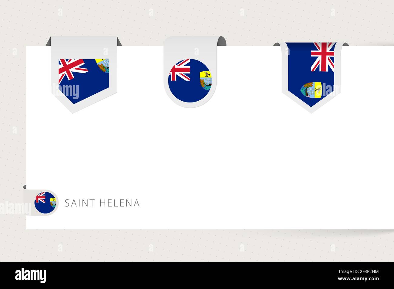 Label Flag Kollektion von Saint Helena in verschiedenen Formen. Bandfahnenschablone von St. Helena, die von Papier oder einer anderen Oberfläche hängt. Stock Vektor