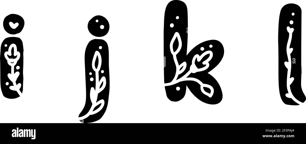 Vintage floral Bold Letters i j k l Logo Frühling. Klassische Sommer-Buchstaben-Design Vektoren mit schwarzer Farbe und Floral handgezeichnet mit Monoline Muster Stock Vektor