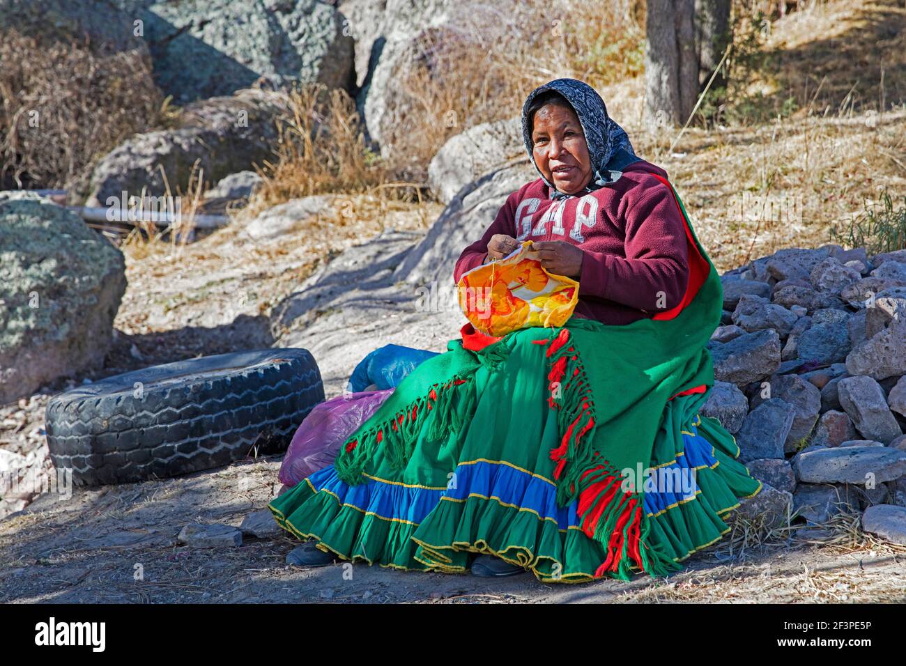 Mexikanische Frau des Stammes Rarámuri / Tarahumara in traditioneller Kleidung in der Nähe der Stadt Creel, Sierra Madre Occidental, Provinz Chihuahua, Mexiko Stockfoto