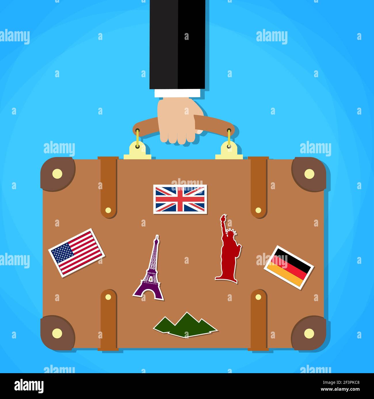 Aktentasche mit Aufklebern in der Hand. Stock Vektor