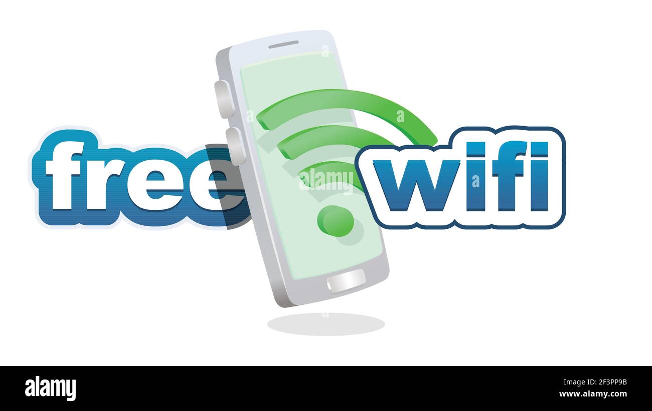 Free WiFi. Clean WiFi Symbol und Text vor dem Smartphone 3D - dreidimensional für WiFi-Verbindung Konzept Vektor Illustration. Stock Vektor