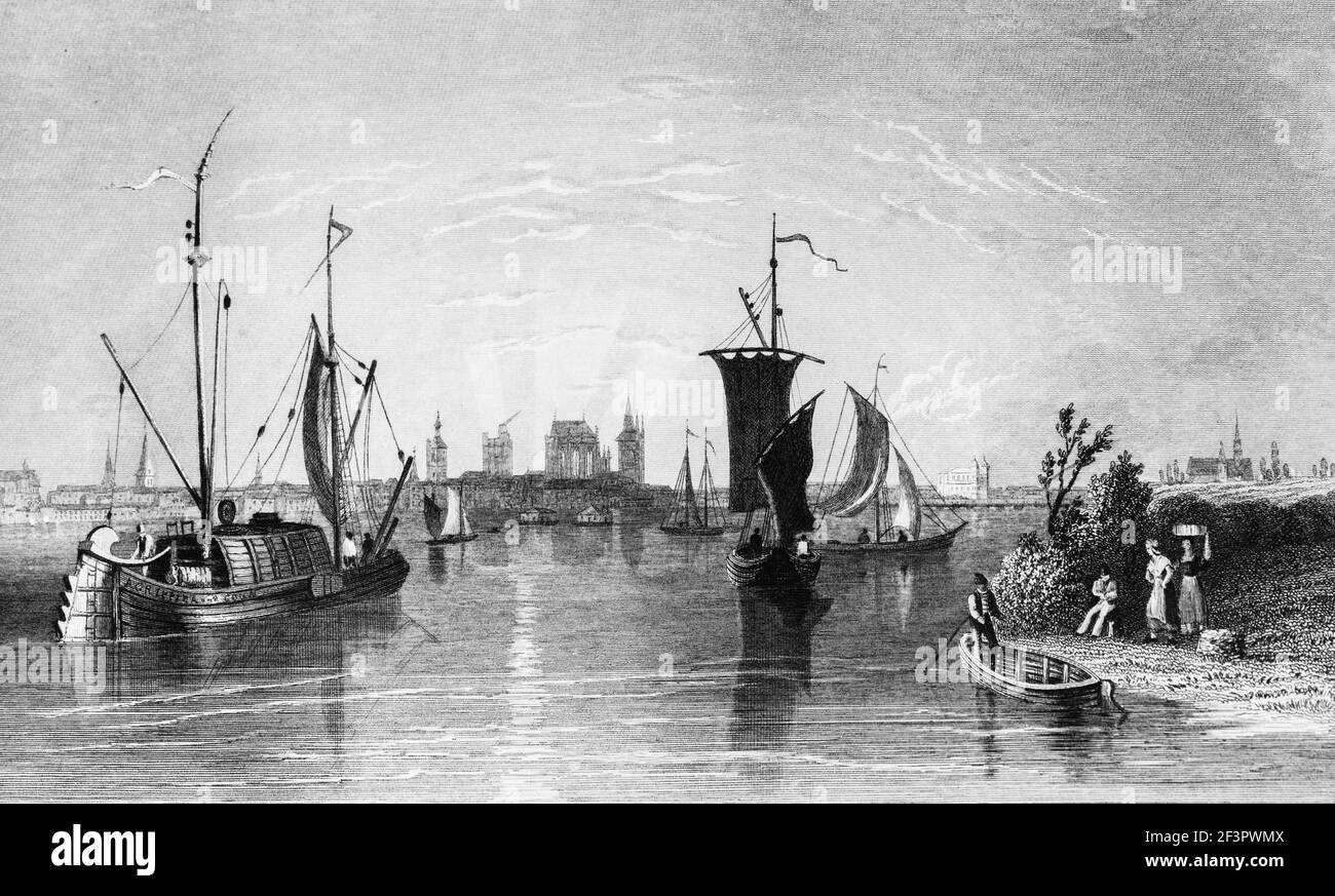 Blick über den Rhein auf Köln und Deutz, Kölner Dom, Boote auf dem Rhein, Nordrhein-Westfalen, Deutschland, Stahlstich von 1832 Stockfoto