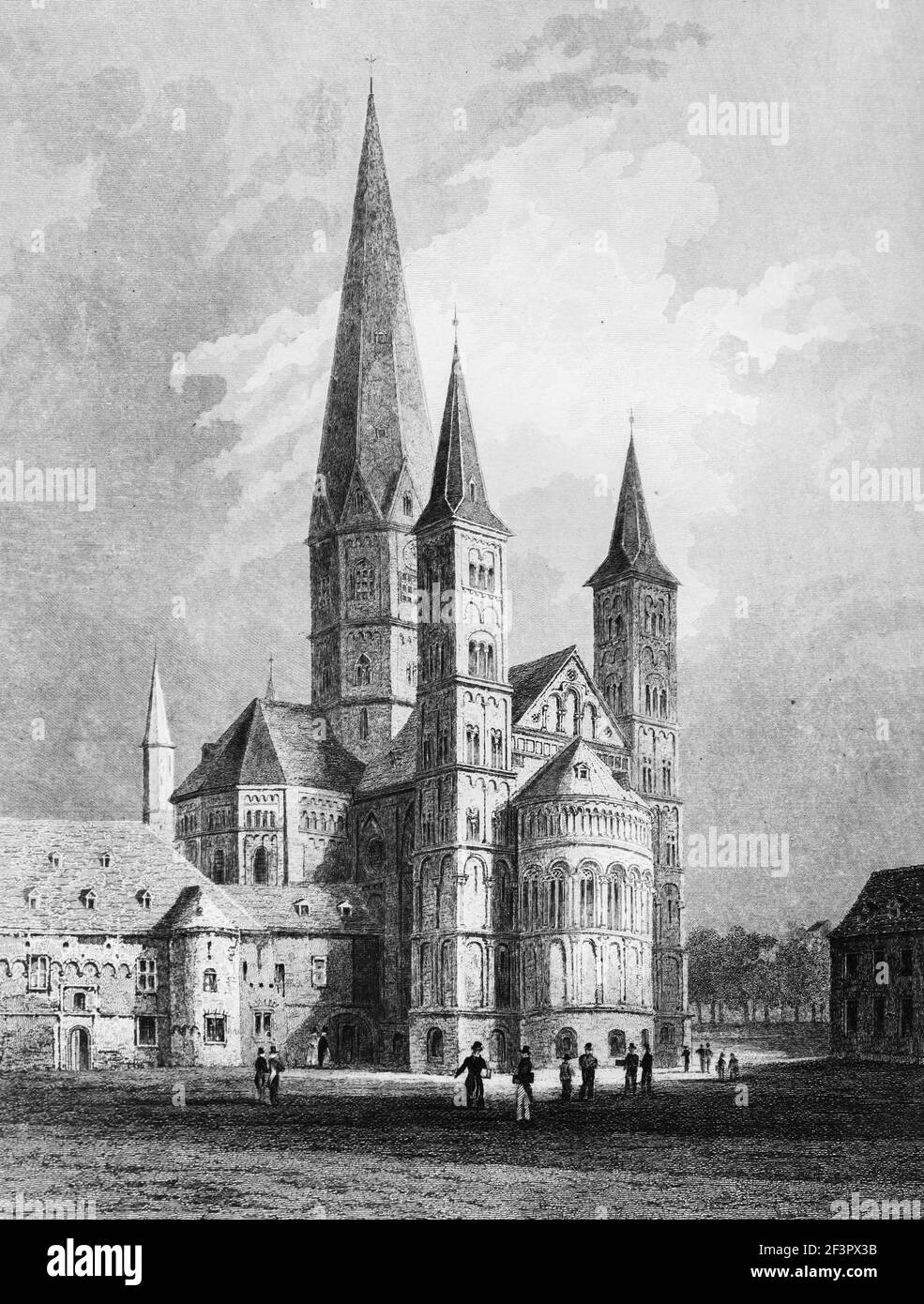 Zweitürmiger Bonner Dom, Bonn am Rhein, Nordrhein-Westfalen, Deutschland, Stahlstich von 1832 Stockfoto