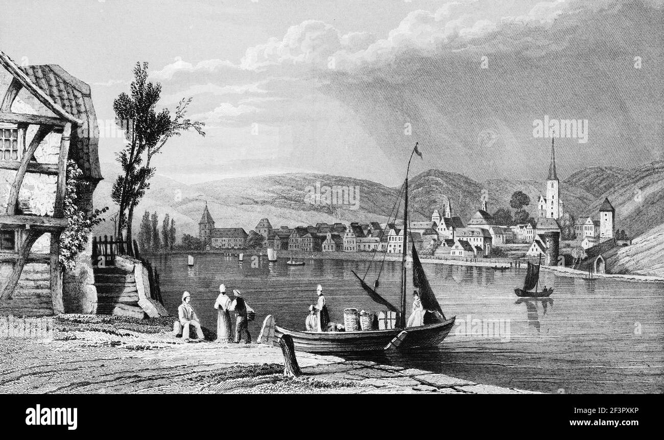 Dorf Linz am Rhein, Rheinland-Pfalz, Deutschland, Stahlstich von 1832 Stockfoto