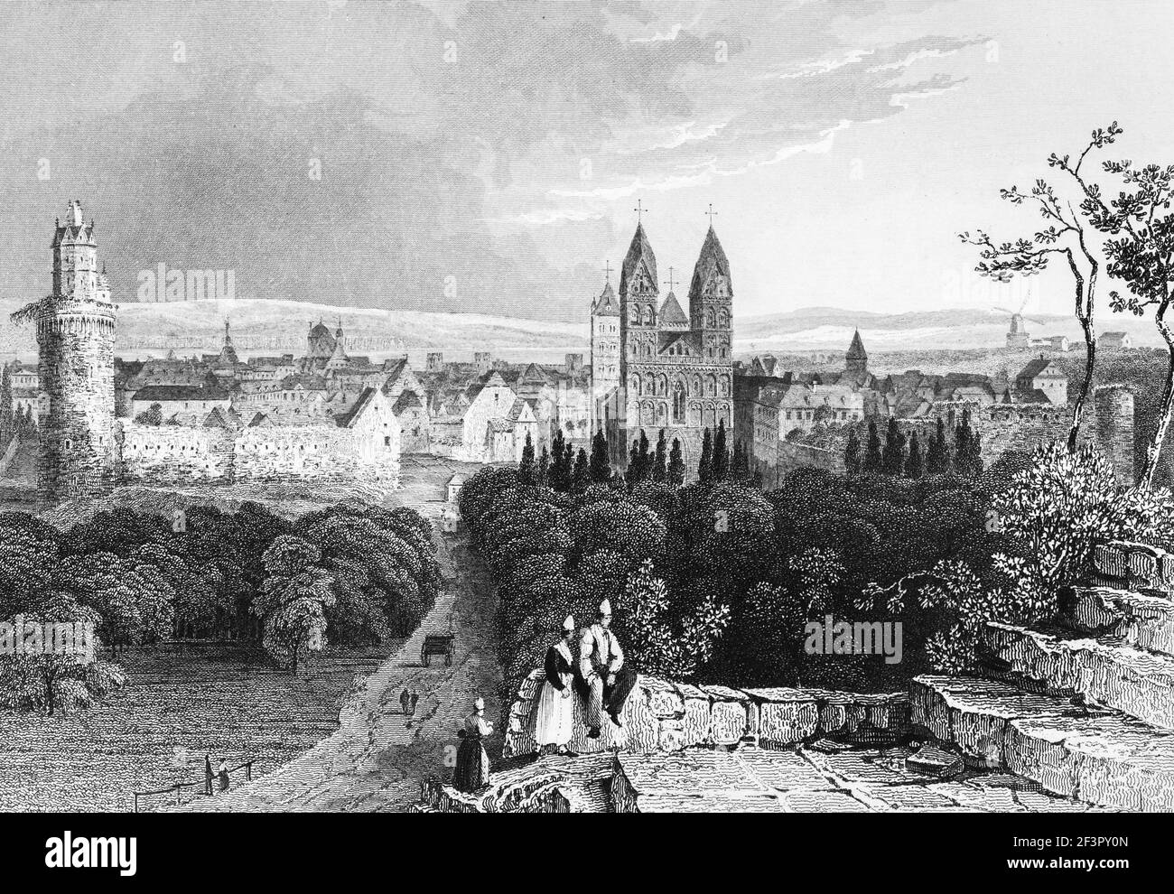 Stadtansicht von Andernach am Rhein, Rheinland-Pfalz, Deutschland, Stahlstich von 1832 Stockfoto