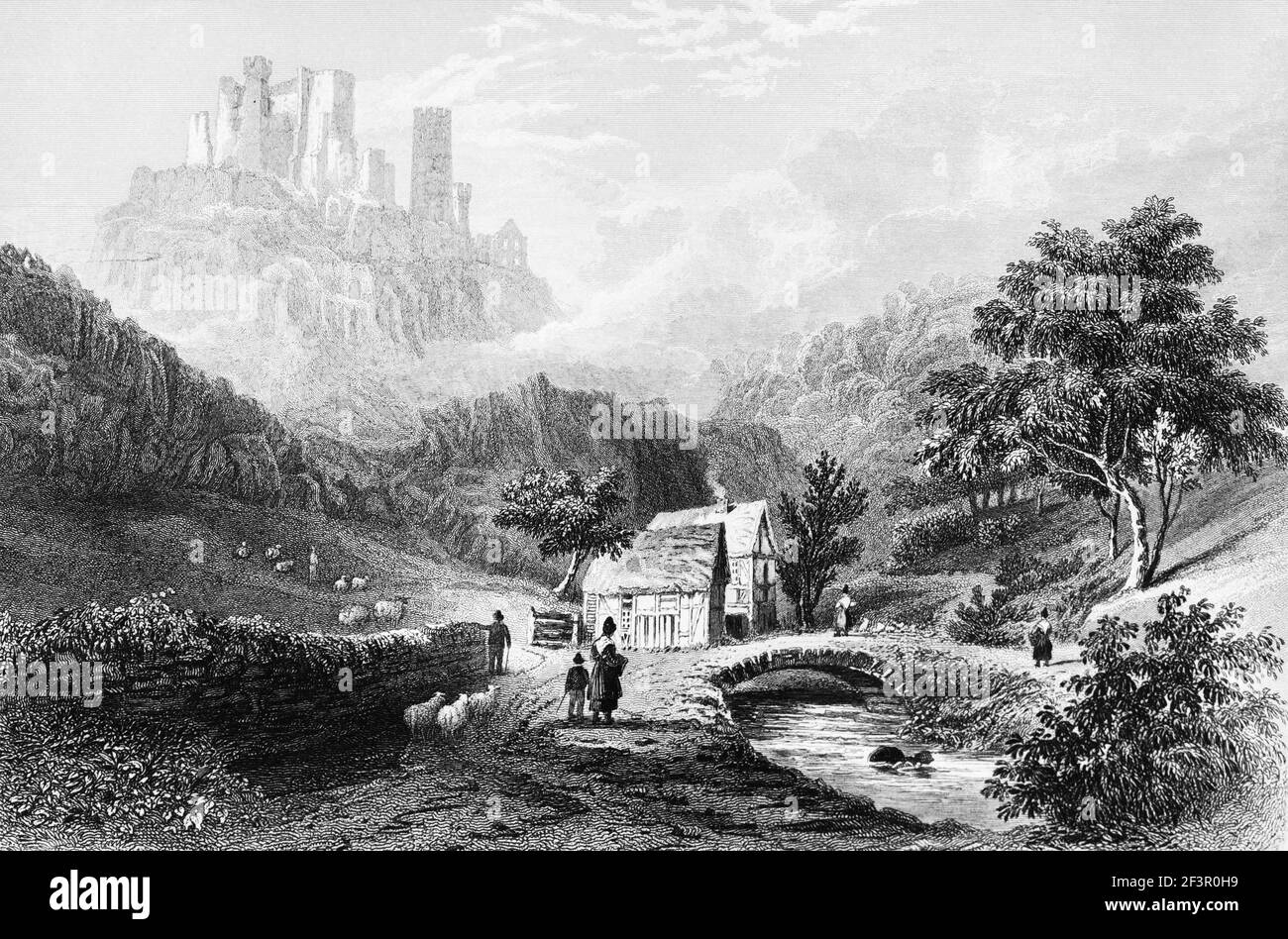 Tal von Engehöll und die Ruinen von Schloss Schönberg in Oberwesel am Rhein, Rheinland-Pfalz, Deutschland, Stahlstich von 1832 Stockfoto