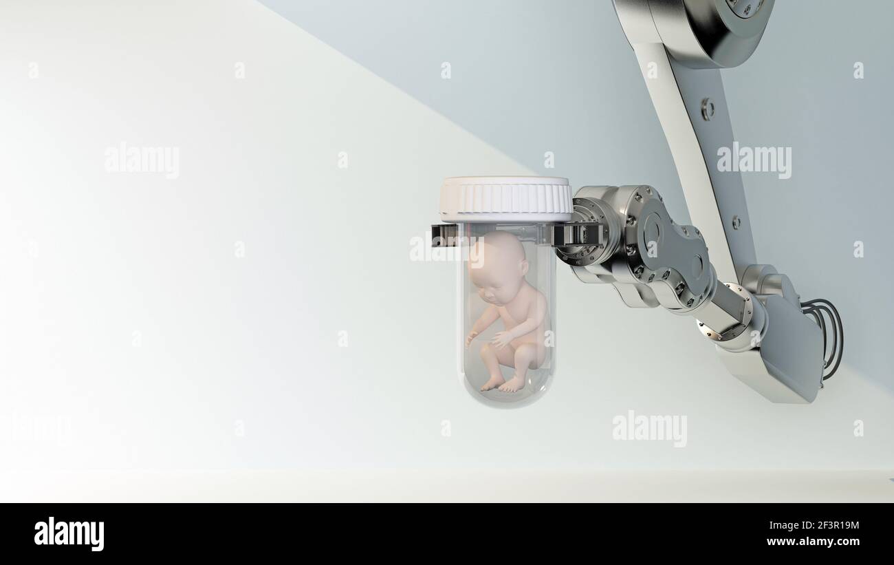 Roboterarm hält eine Flasche mit einem Embryo. 3D Rendern Stockfoto