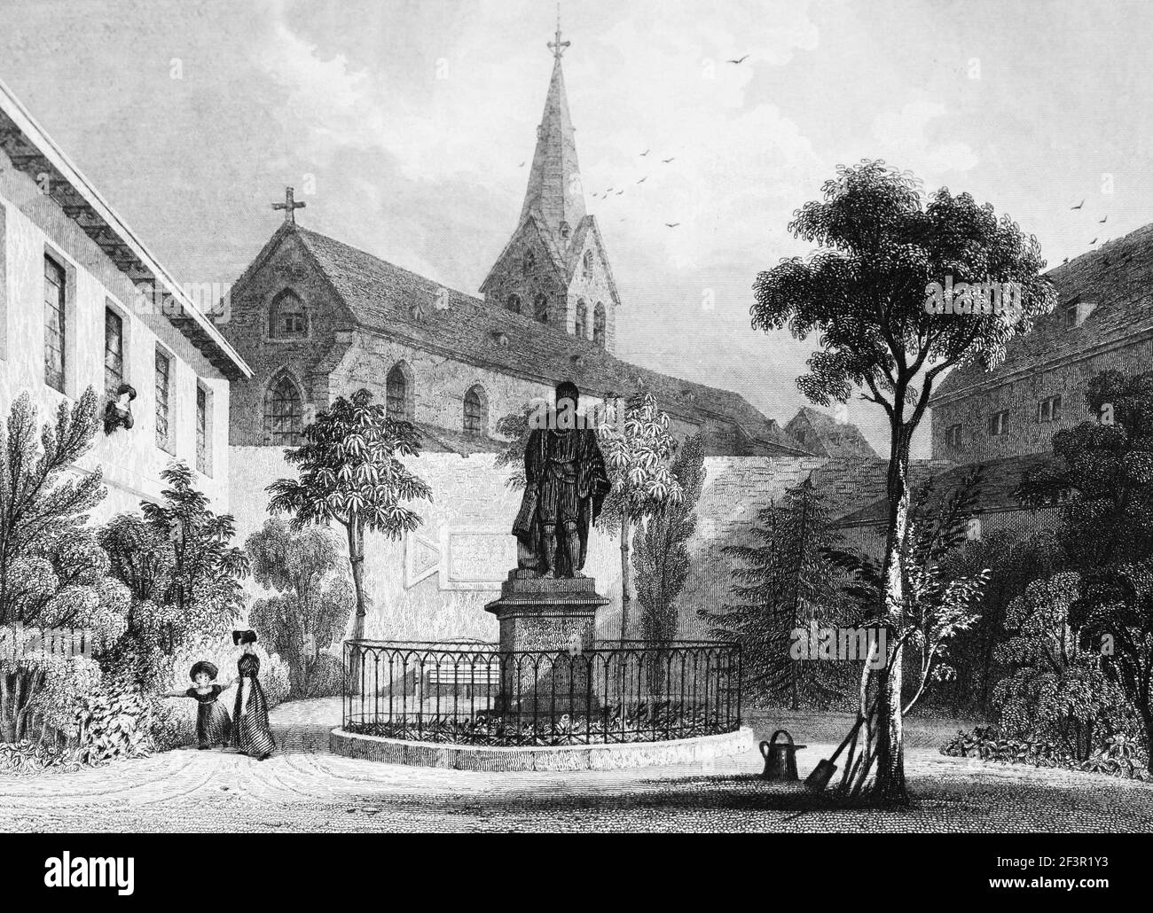 Denkmal von Johannes Gutenberg, Erfinder der Druckmaschine, Mayence, Rhein, Rheinland-Pfalz, Deutschland, Stahlstich von 1832 Stockfoto