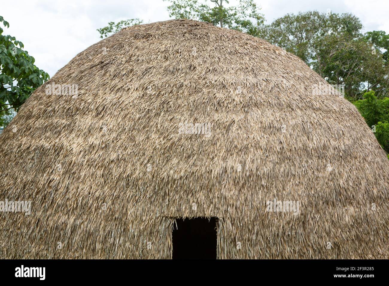 Traditionelles indigenes Haus aus Stroh und Holz Heimat von einheimischen Familien aus der Gemeinde im Amazonas Regenwald an einem sonnigen Sommertag. Indisch. Stockfoto