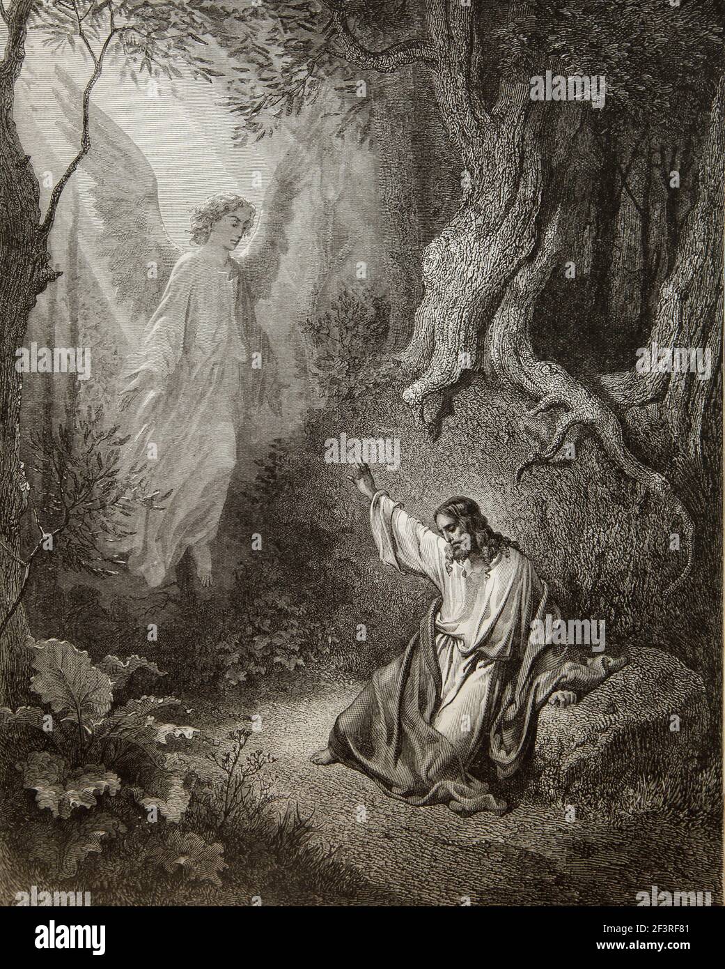 Bibelgeschichten Darstellung Christi im Garten Gethsemane Aus Dem Neuen Testament Lukas 22:43-44 Stockfoto