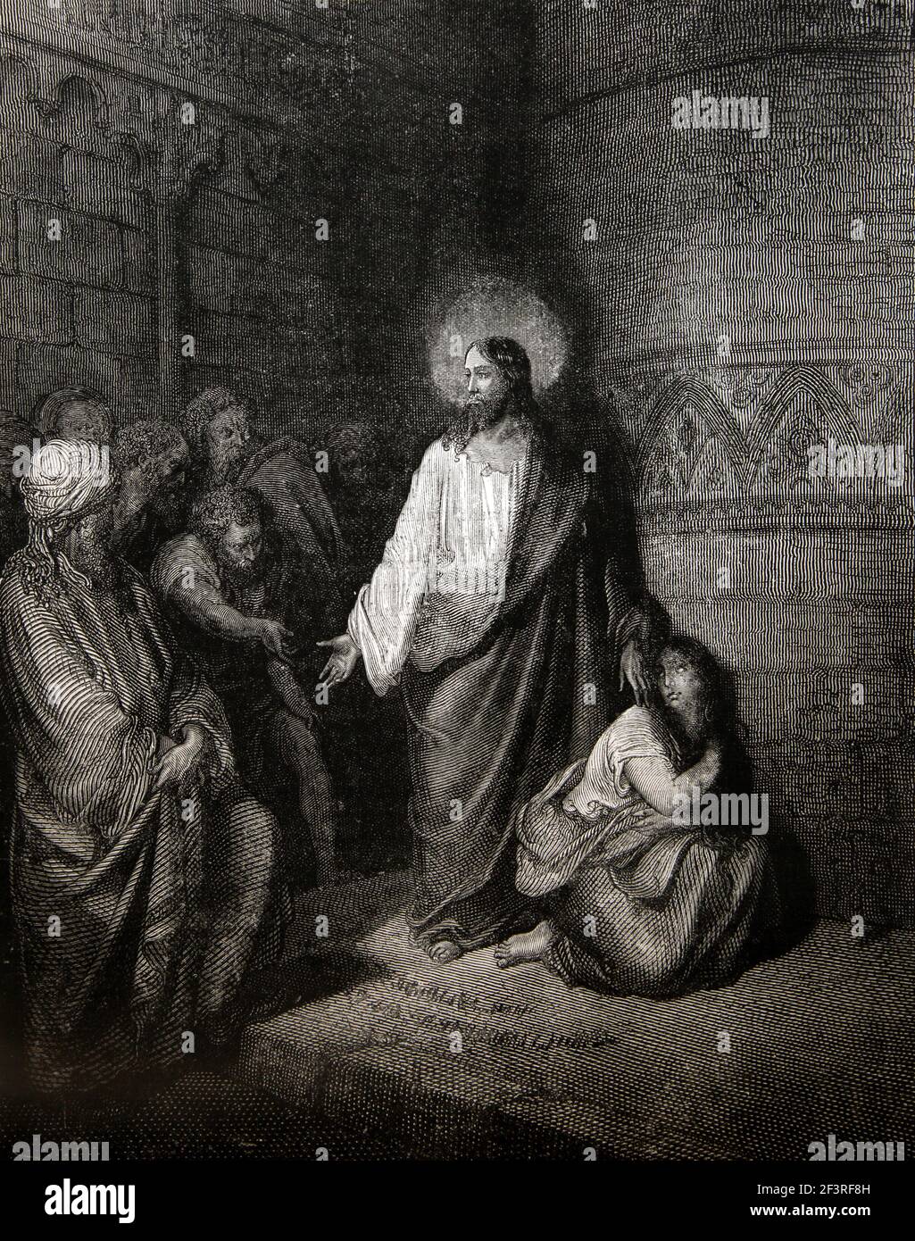 Bibelgeschichten - Illustration der "Frau im Ehebruch genommen" aus dem Neuen Testament Johannes 8: 3-5 Stockfoto