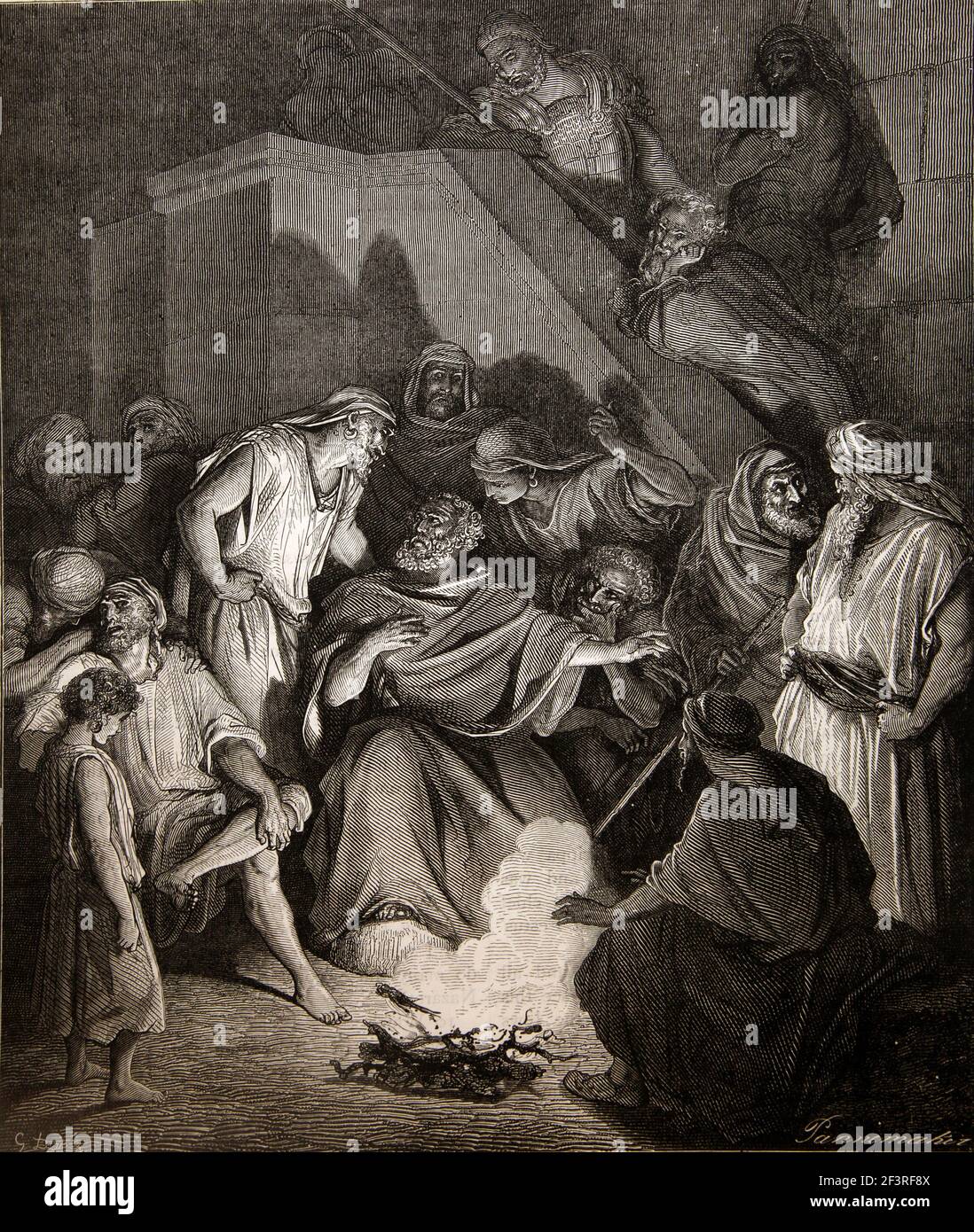 Bibelgeschichten - Illustration des heiligen Petrus, der Christus von der leugnet Neues Testament Johannes 18:26-27 Stockfoto
