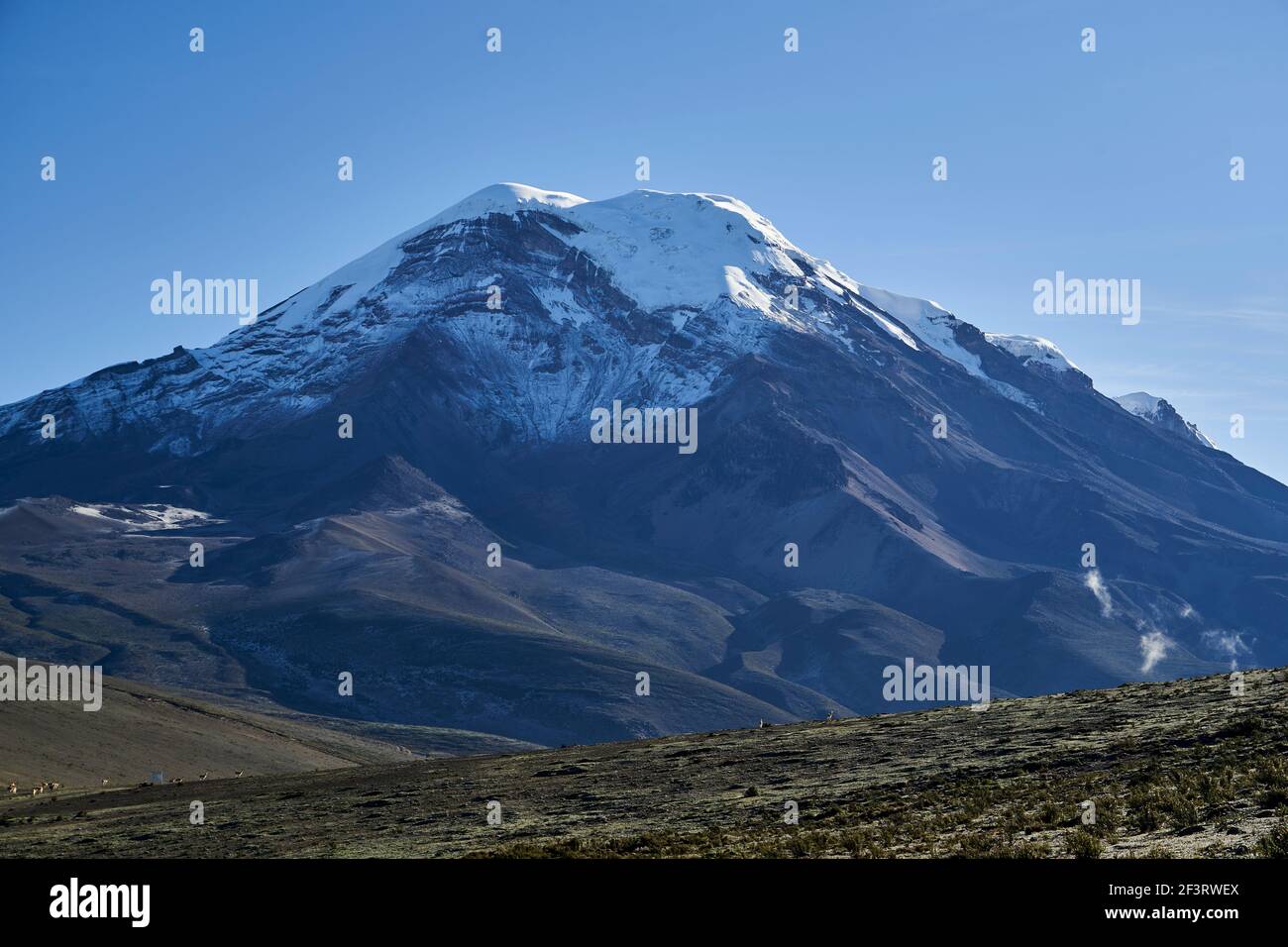 Schneebedeckter Vulkan Chimborazo ist der höchste Berg in Ecuador und der Gipfel ist der am weitesten entfernte Punkt auf der Erdoberfläche von der Planetenmitte, Stockfoto