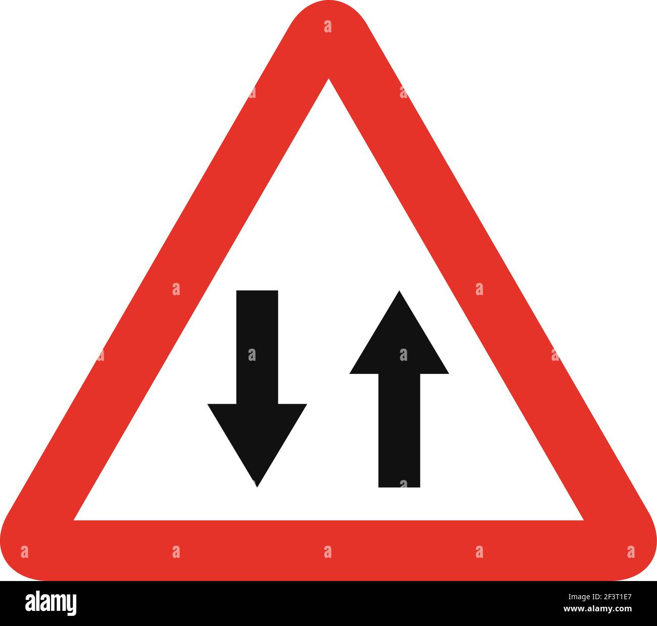 Dreieckiges Verkehrssignal in weiß und rot, isoliert auf weißem Hintergrund. Warnung vor zwei-Wege-Verkehr geradeaus Stock Vektor