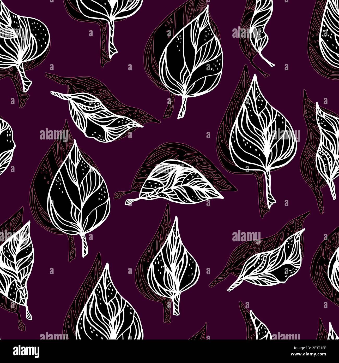 Blätter mit Ornamenten und Streifen. Nahtlose Muster Kontur Blätter mit einem Kontrastschatten Stockfoto