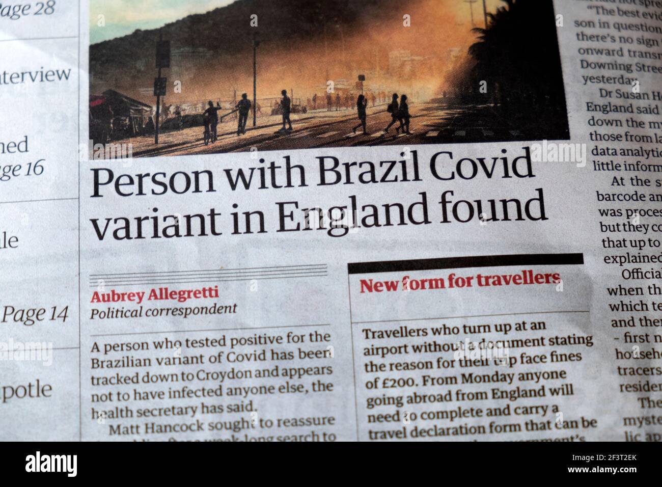 'Person mit Brasilien Covid-Variante in England gefunden' Guardian Coronavirus Covid 19 Pandemie Zeitung Schlagzeile Artikel am 6. März 2021 In London, Großbritannien Stockfoto