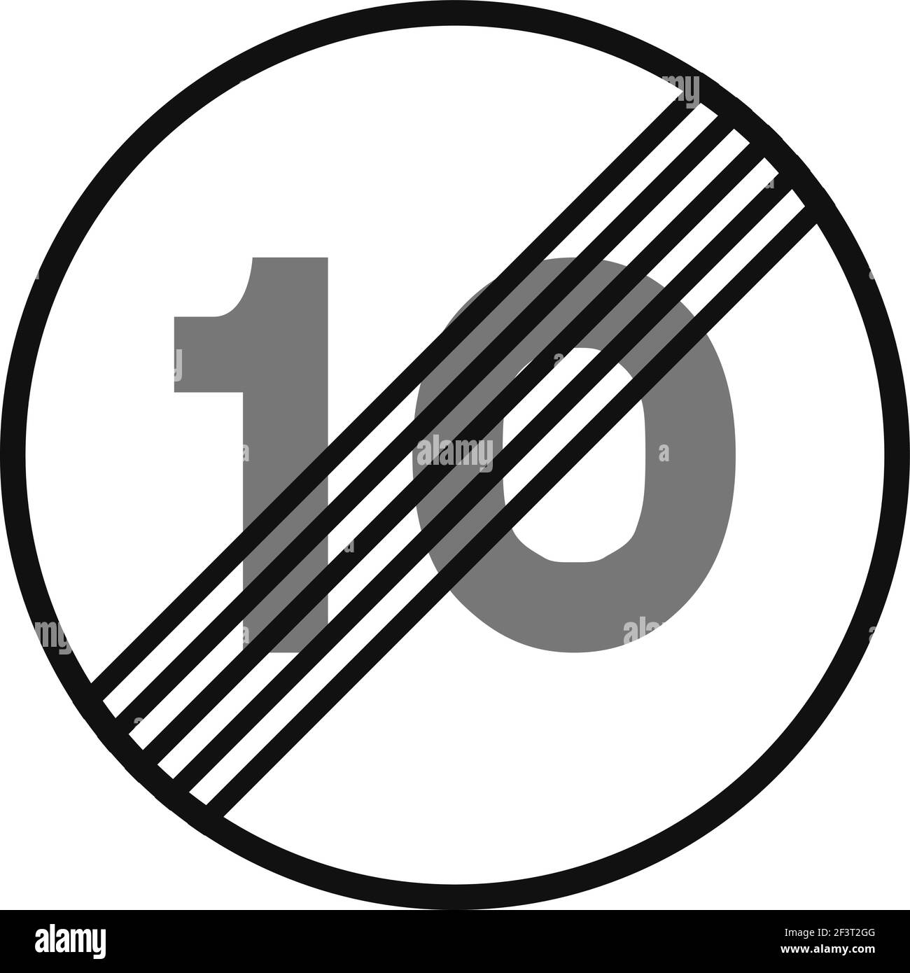 Gerundetes Verkehrssignal in schwarz-weiß, isoliert auf weißem Hintergrund. Ende der Geschwindigkeitsbegrenzung auf zehn Stock Vektor