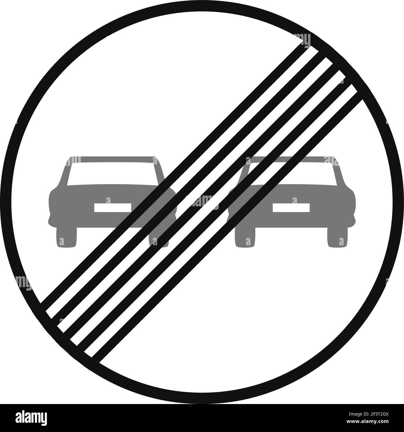 Gerundetes Verkehrssignal in schwarz-weiß, isoliert auf weißem Hintergrund. Ende des Überholverbots Stock Vektor