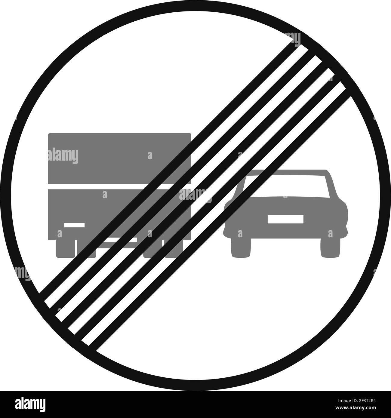 Gerundetes Verkehrssignal in schwarz-weiß, isoliert auf weißem Hintergrund. Ende des Überholverbots für LKWs Stock Vektor