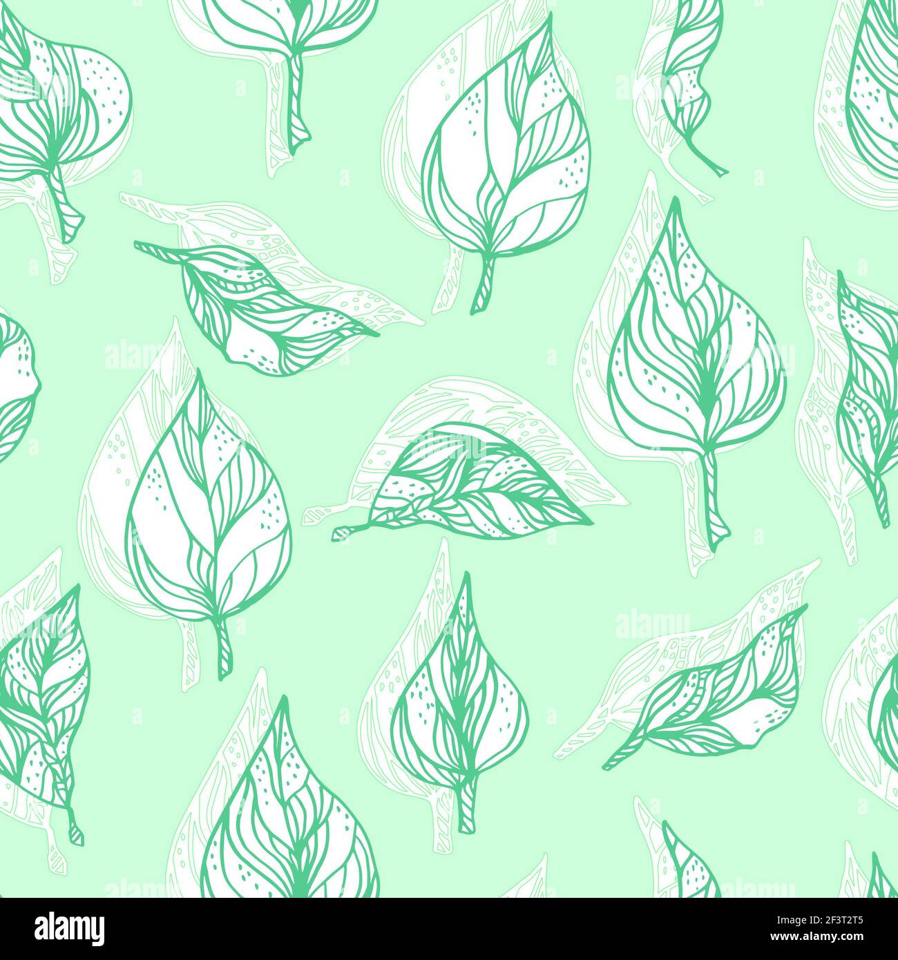 Blätter mit Ornamenten und Streifen. Nahtlose Muster Kontur Blätter mit einem Kontrastschatten Stockfoto