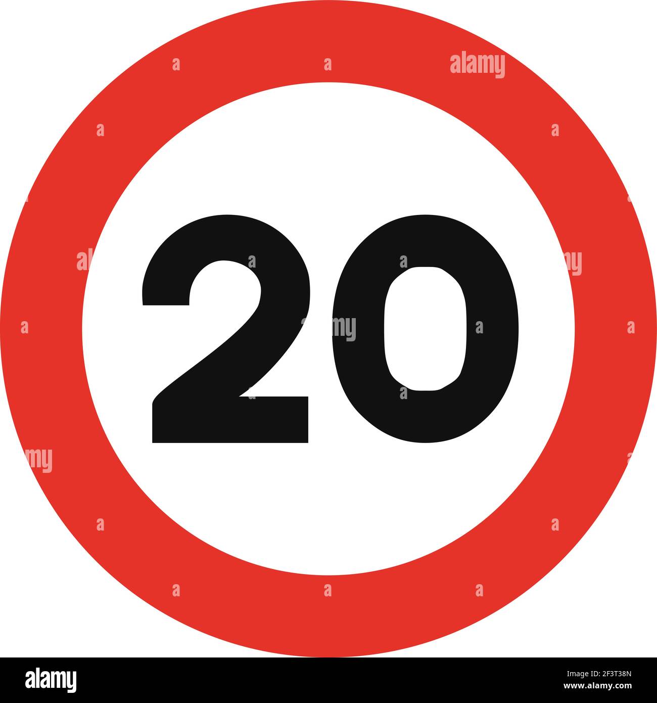 Gerundetes Verkehrssignal in weiß und rot, isoliert auf weißem Hintergrund. Tempolimit von zwanzig Stock Vektor