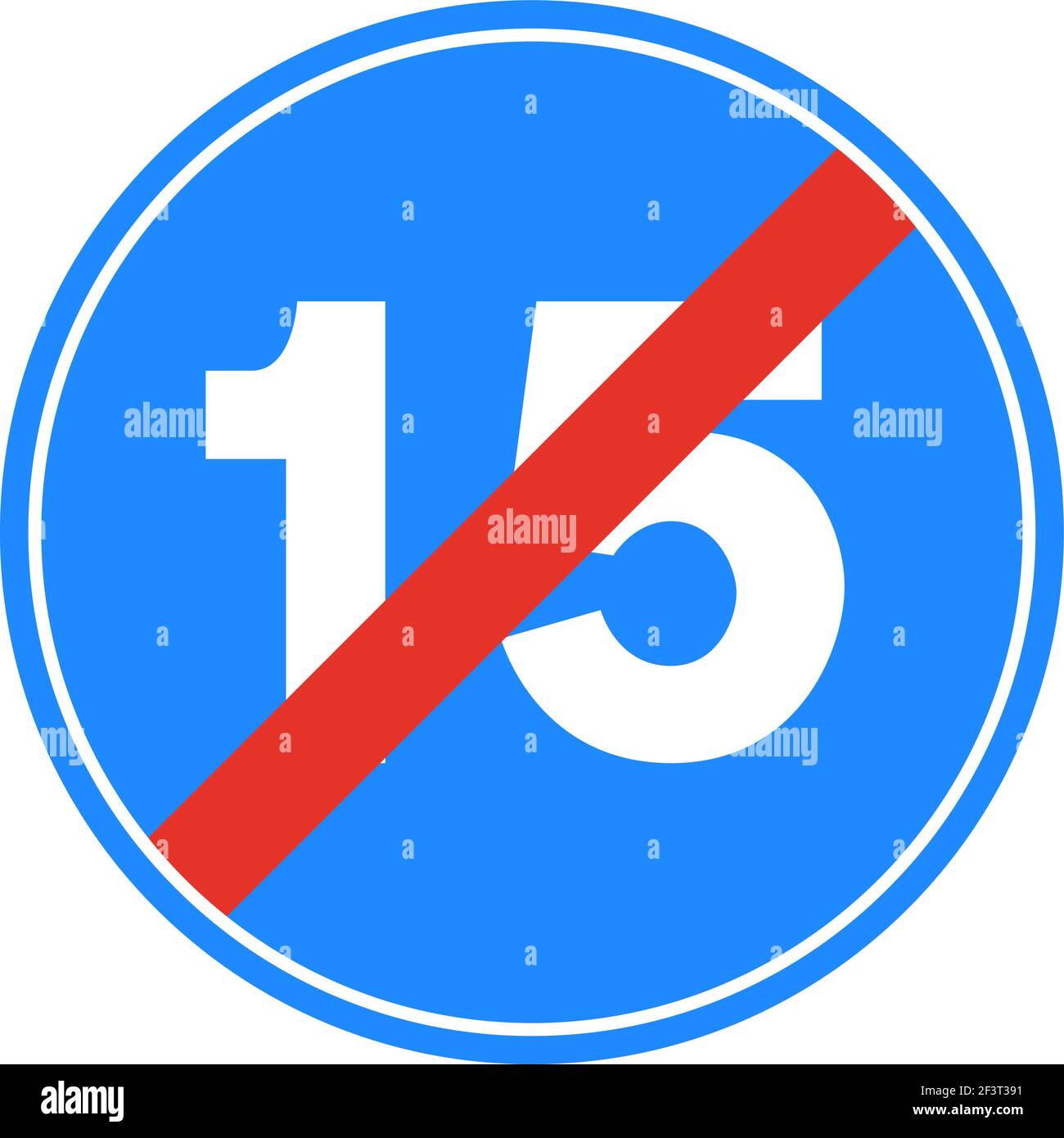 Gerundetes Verkehrssignal in blau, rot und weiß, isoliert auf weißem Hintergrund. Ende der Mindestgeschwindigkeit von fünfzehn Stock Vektor