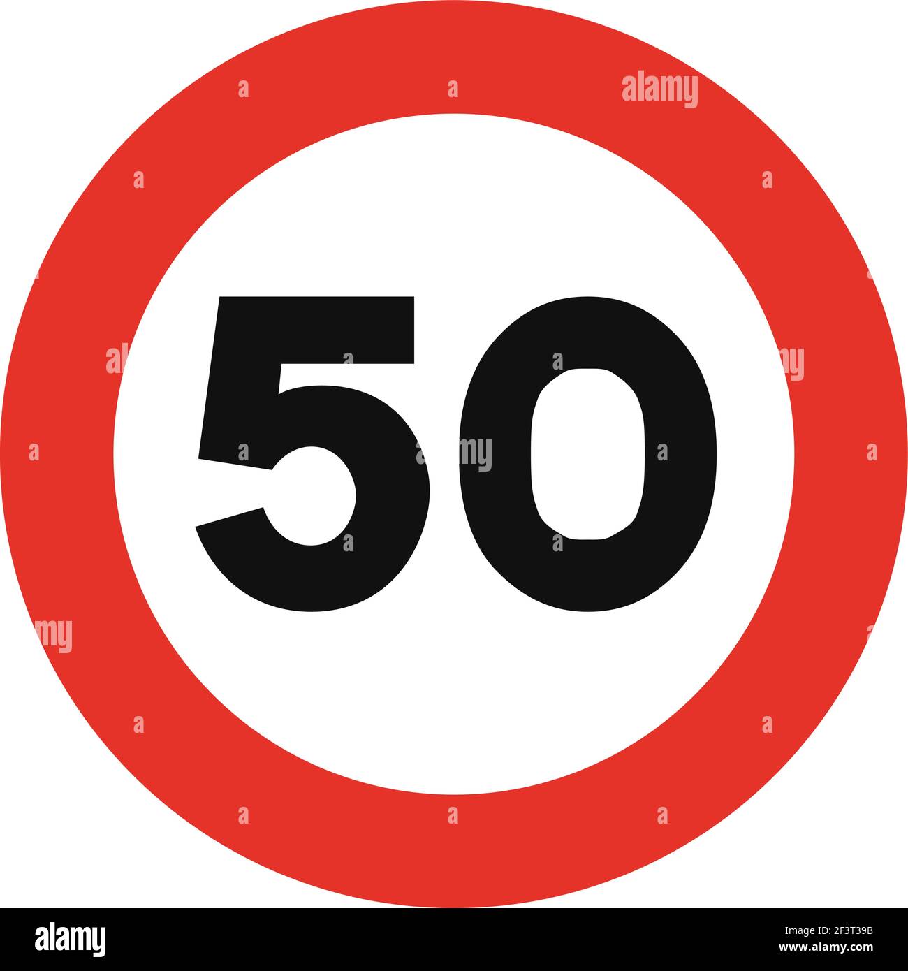 Gerundetes Verkehrssignal in weiß und rot, isoliert auf weißem Hintergrund. Geschwindigkeitsbegrenzung von fünfzig Stock Vektor