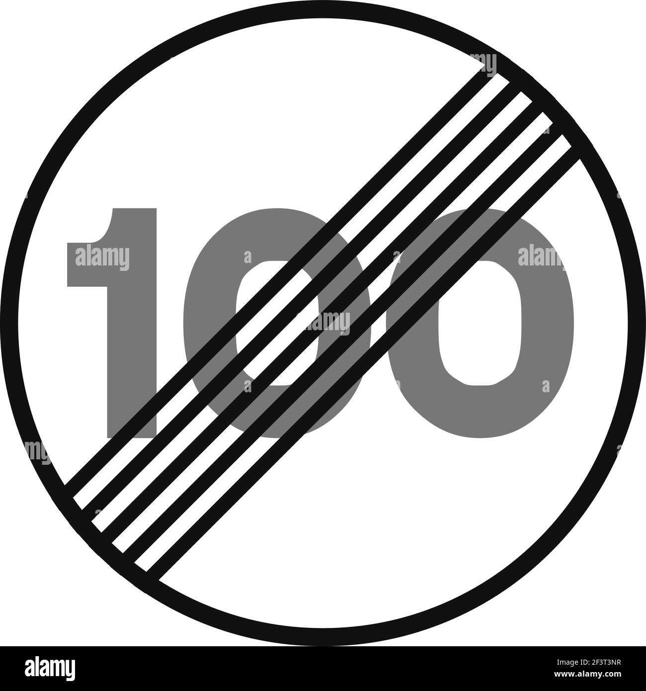 Gerundetes Verkehrssignal in schwarz-weiß, isoliert auf weißem Hintergrund. Ende der Geschwindigkeitsbegrenzung auf hundert Stock Vektor