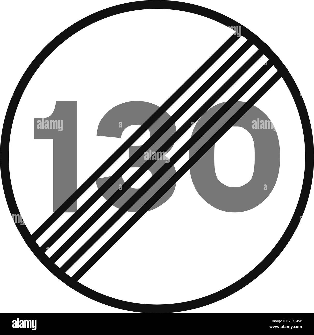 Gerundetes Verkehrssignal in schwarz-weiß, isoliert auf weißem Hintergrund. Ende der Geschwindigkeitsbegrenzung auf einhundert und dreißig Stock Vektor