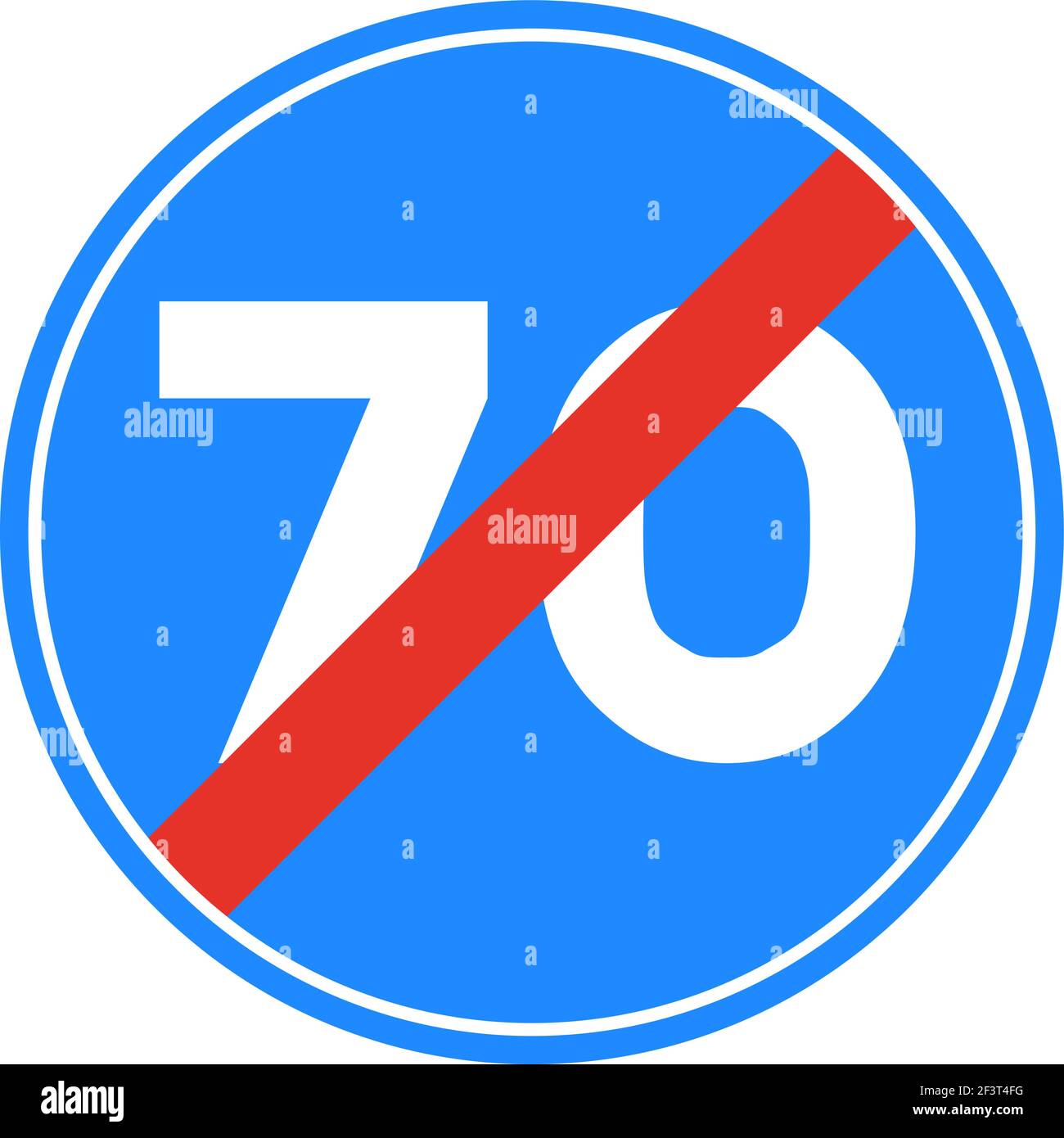 Gerundetes Verkehrssignal in blau, rot und weiß, isoliert auf weißem Hintergrund. Ende der Mindestgeschwindigkeit von siebzig Stock Vektor